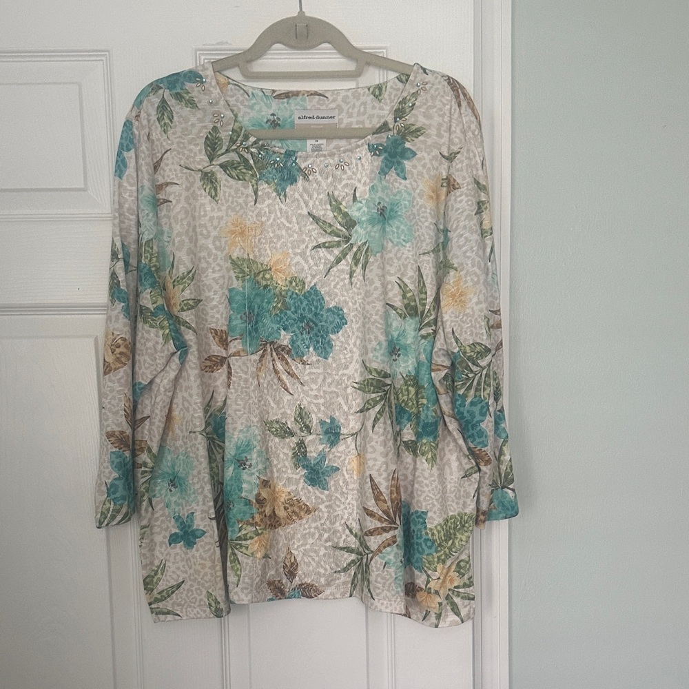 Alfred Dunner Floral Blouse with Teal and Yellow Accents
